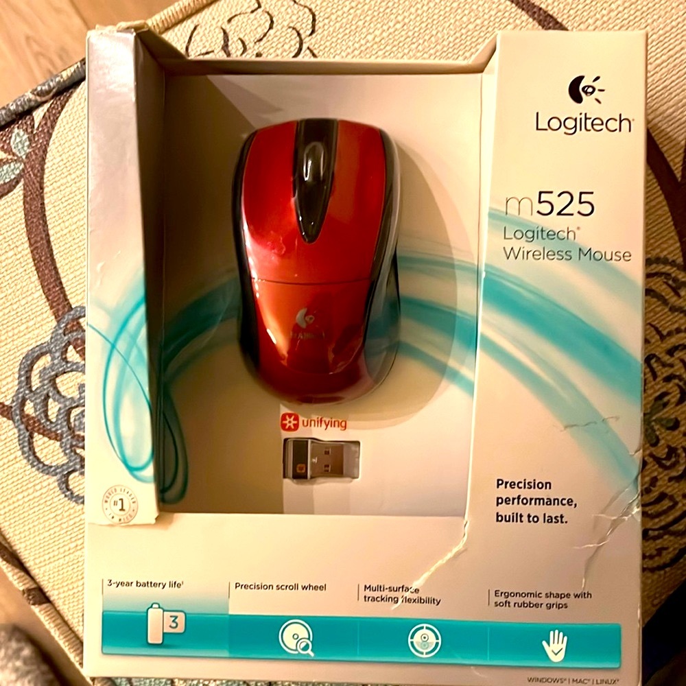 NEW $120 Logitech M525 Wireless Mouse red unifying receiver runs up to 6 devices